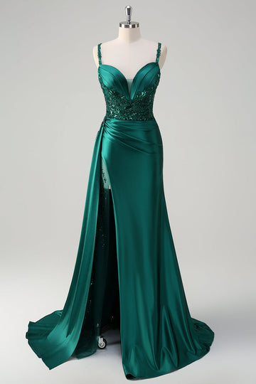 Dark Green Mermaid V-Neck Satin Appliqued Sequin Long Prom Dress with Slit